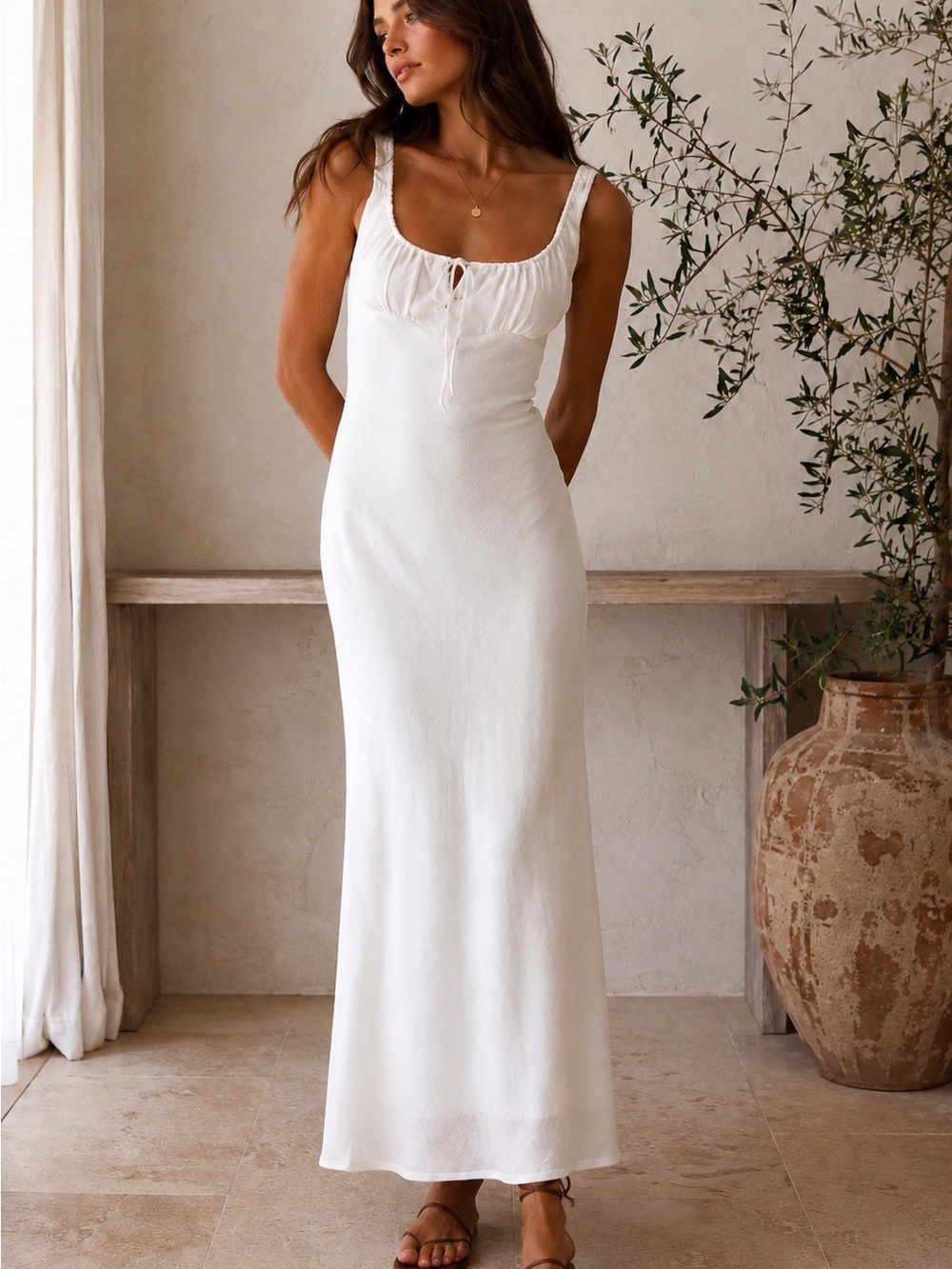 Pink Diamond NWT White Linen Blend Babydoll Maxi Dress Small Bridal Beach Coast